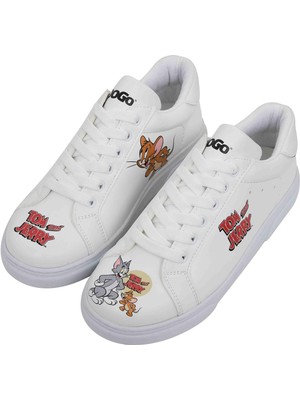 Dogo Kadın Vegan Deri Beyaz Sneakers - Warner Bros Tom ve Jerry Tasarım
