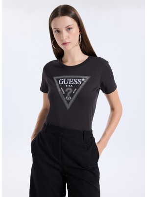 Guess Yuvarlak Yaka Baskılı Kahve Kadın T-Shirt Krystal Kadın Regular Fit T-Shirt