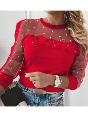 Nnstartshopping  Kadın Uzun Kollu Inci Detaylı Tüllü Viskon Bluz