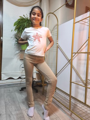 Şimo Butik Kız Çocuk Tayt Kışlık Pamuklu Şardonlu Beli Lastikli Kurdeleli Köpekli Camel Dar Kalıp