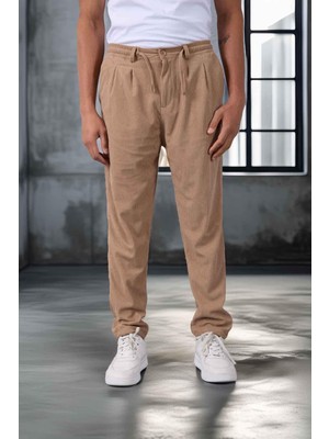 Valiberta Roy Regular Fit Beli Lastikli Fitilli Kadife Kumaş Fermuarlı Jogger Erkek pantolon - Bej