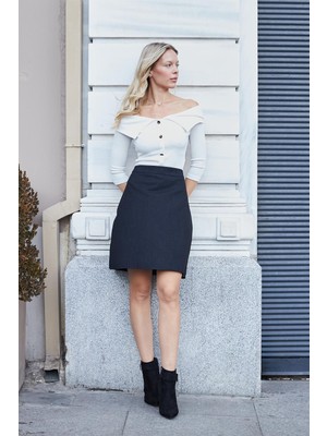 Jument Yüksek Bel Hafif Likralı Kumaş Diz Boy Çan Etek-Koyu Lacivert Balıksırtı