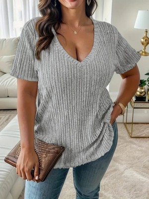 Nnstartshopping  Kadın Kısa Kollu V Yaka Fitilli Kaşkorse Bluz