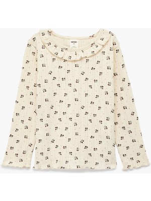 Koton Pamuklu Uzun Kollu Bisiklet Yaka Fırfır Detaylı Çiçekli Tişört