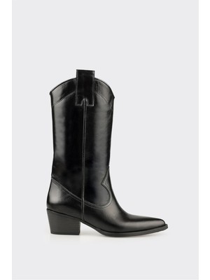 Elle Siyah Deri Kadın Western Çizme