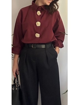 Lasorella Butik Kadın Bordo Oversıze Gömlek