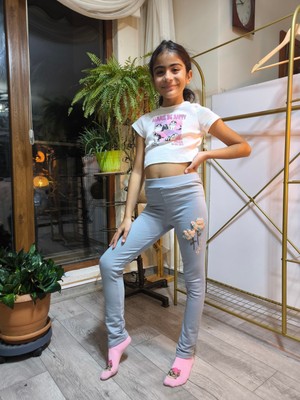 Şimo Butik Kız Çocuk Tayt Kışlık Şardonlu Pamuklu Beli Lastikli Nakışlı Lale Gri