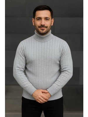 Erkek Balıkcı Yaka Bağazlı Triko Kazak Pamuklu Kalın Fitilli Dokuma, Regular Fit Uzun Kollu Kışlık Model - Gri