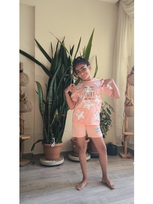 Şimo Butik Kız Çocuk Şortlu Takım Yıldızlı Somon, Yeşil, Lila