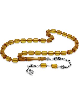 Tesbihane 925 Ayar Gümüş Kral Püsküllü Uçlu Kapsül Kesim Sarı Ateş Kehribar Tesbih