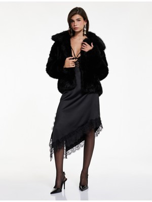 Koton Asimetrik Kesim Dantel Detaylı Midi Saten Etek