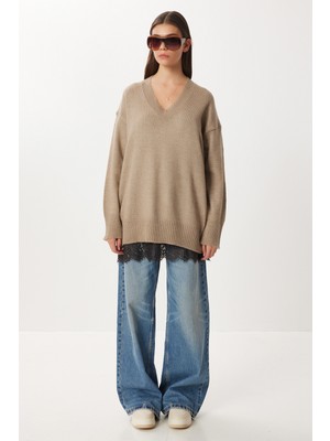 Happiness İstanbul Oversize V Yaka Yumuşak Triko Kazak LCI0056 Vizon