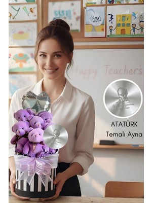 Sole Öğretmen'e Hediye: Atatürk Temalı Aynalı Çizgili Premium Kutuda, Kalpli Balonlu 6’lı Mor Ayıcık Buketi-24 Kasım Öğretmenler Günü Hediyesi