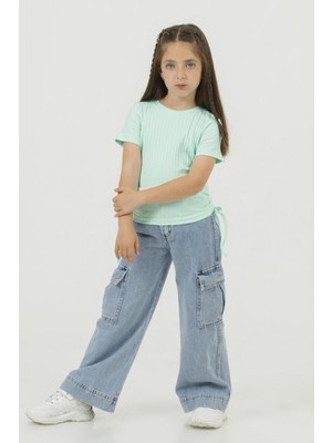 Mojo Bebek Mojo Kız Çocuk 4-9 Yaş Kargo Cepli Bol Paça Denim Pantolon 0199 Kot Mavi