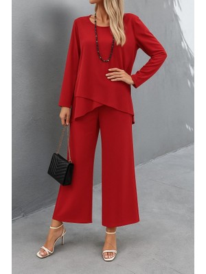 Nnstartshopping  Kadın Uzun Kollu Asimetrik Detaylı Salaş Sandy Bluz ve Pantolon Ikili Takım