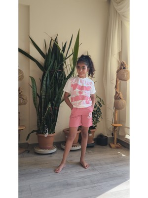 Şimo Butik Kız Çocuk Şortlu Takım Self Be Love Beyaz Pembe