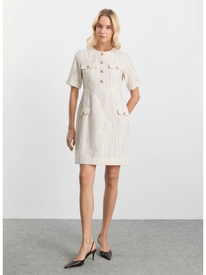 Selen O Yaka Simli Ekru Standart Kadın Elbise 25KSL7700