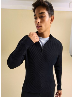 People By Fabrika Dik Yaka Classic Fit Fitilli Siyah Erkek Kazak PBF5WM-KZK9538