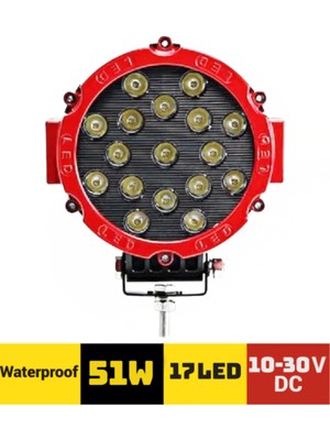 17 LED Yuvarlak Kırmızı 10V-30V Off Road 51W 18CM Projektör Çalışma Lambası