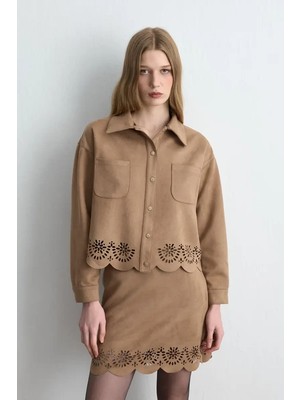 Gusto Motifli Süet Gömlek Ceket - Camel