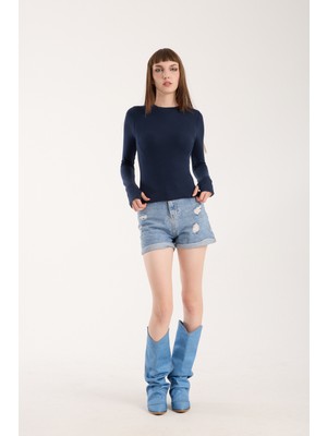 Parmak Geçmeli Uzun Kollu Body - Uzun Kol Body Bisiklet Yaka Likralı