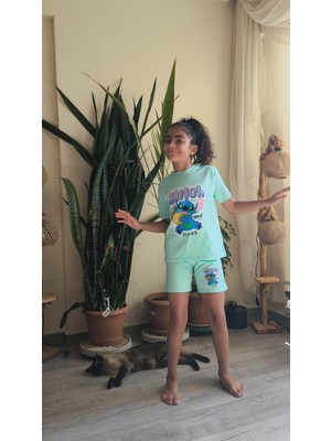 Şimo Butik Kız Çocuk Şortlu Takım Stitchli Mor, Yeşil