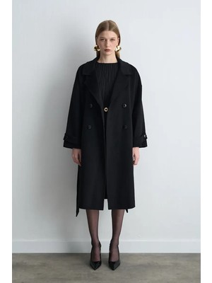 Gusto Astarsız Oversize Yün Kaban - Siyah