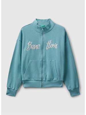 Benetton Nakışlı Kız Çocuk Gri - Yeşil Sweatshırt 3J68C505D