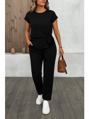 Hariqa Kadın Kısa Kollu Bisiklet Yaka Yandan Bağlamalı Bürümcük Bluz ve Pantolon Ikili Takım