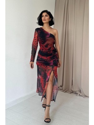 Hariqa Kırmızı Tek Omuzlu Tül Elbise