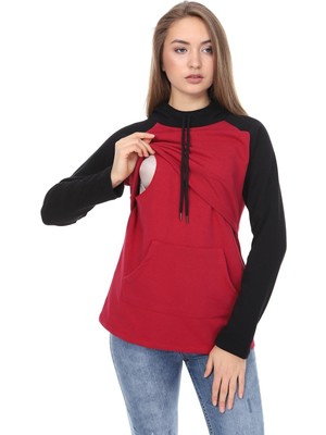 Luvmabelly MYRA4523 Siyah&bordo Parçalı Kapüşonlu ve Cepli Emzirme Sweatshirt