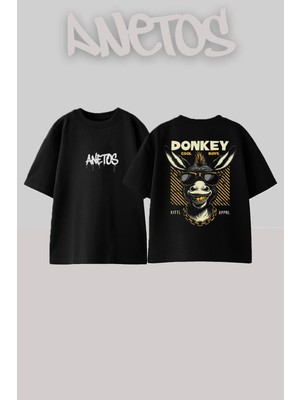 Anetos Donkey Tasarım Sırt Baskılı Pamuk Siyah Oversize T-Shirt