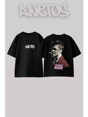 Anetos Fight Club Brad Pitt Tasarım Sırt Baskılı Pamuk Siyah Oversize T-Shirt