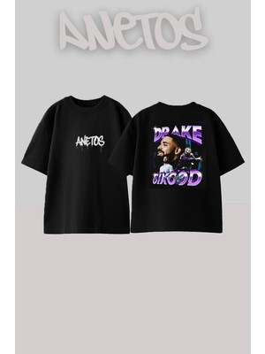 Anetos Drake 3 Tasarım Sırt Baskılı Pamuk Siyah Oversize T-Shirt