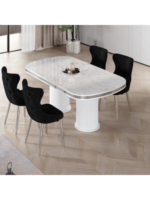 Canisa Galya Serisi Lak Panel 90X168 Sabit Beyaz Mermer Desen Mutfak Masa Takımı 4 Sandalye