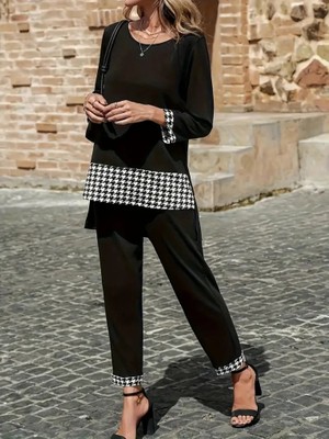 Hariqa Kadın Uzun Kollu Yuvarlak Yakalı Kaz Ayağı Detaylı Viskon Iki Iplik Bluz ve Pantolon Ikili Takım