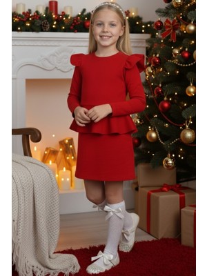 Parla Kids Kız Çocuk Diana Kırmızı Volan Etekli Fırfır Detaylı Uzun Kollu Elbise