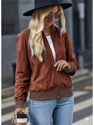 Hariqa Kadın Uzun Kollu Önden Fermuarlı Süet Ceket