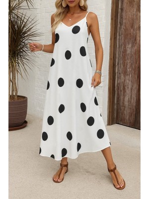 Hariqa Kadın Ip Askılı Geniş V Yakalı Desenli Süprem Elbise