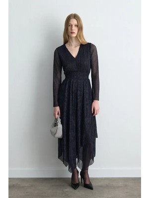 Gusto Asimetrik Kesim V Yakalı Simli Abiye Elbise - Lacivert