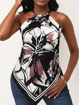 Nnstartshopping  Kadın Üçgen Kesim Boyundan Bağlamalı Çiçek Desen Süprem Bluz