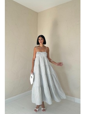 Nnstartshopping  Mavi Askılı Parçalı Çizgili Müslin Elbise