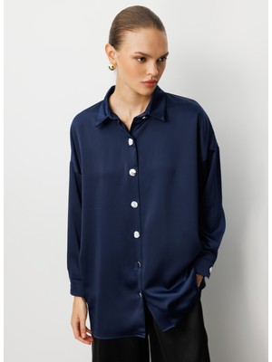 Mizalle Klasik Yaka Düz Lacivert Kadın Tunik M1MZ1030210161