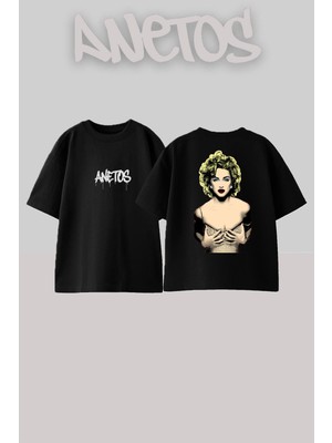 Anetos Madonna 7 Tasarım Sırt Baskılı Pamuk Siyah Oversize T-Shirt