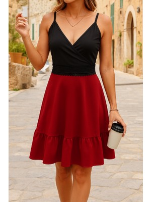 Hariqa Kadın Ip Askılı Kruvaze Yaka Bel Dantel Ithal Krep Elbise