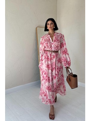 Hariqa Pembe Biye Detaylı Elbise