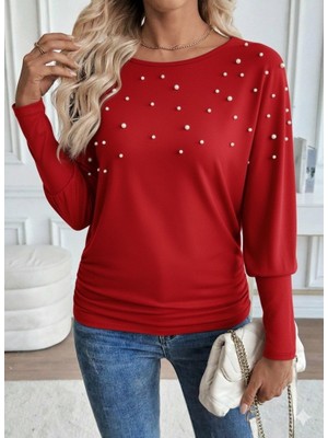 Hariqa Kadın Uzun Kollu Yuvarlak Yaka Incili Viskon Bluz