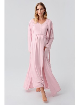 Artış Collection Uzun Kollu Düğmeli Esnek Viskoz Hamile Sabahlık Gecelik Takım %95 Pamuk 18402