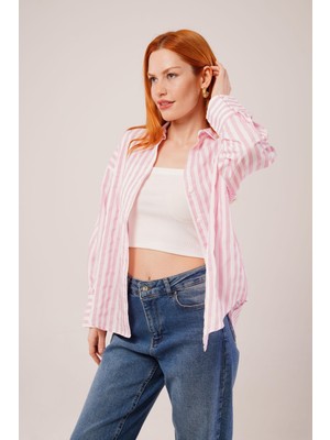 Nnstartshopping  Çizgili Rahat Kesim Pembe Gömlek