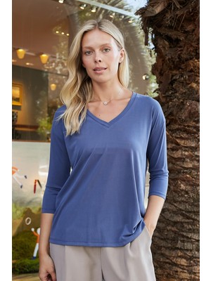 Jument Kadın Kaliteli Modal Esnek Kumaş V Yaka Düşük Omuzlu Kapri Truvakar Kol Hafif Salaş Bluz-Indigo